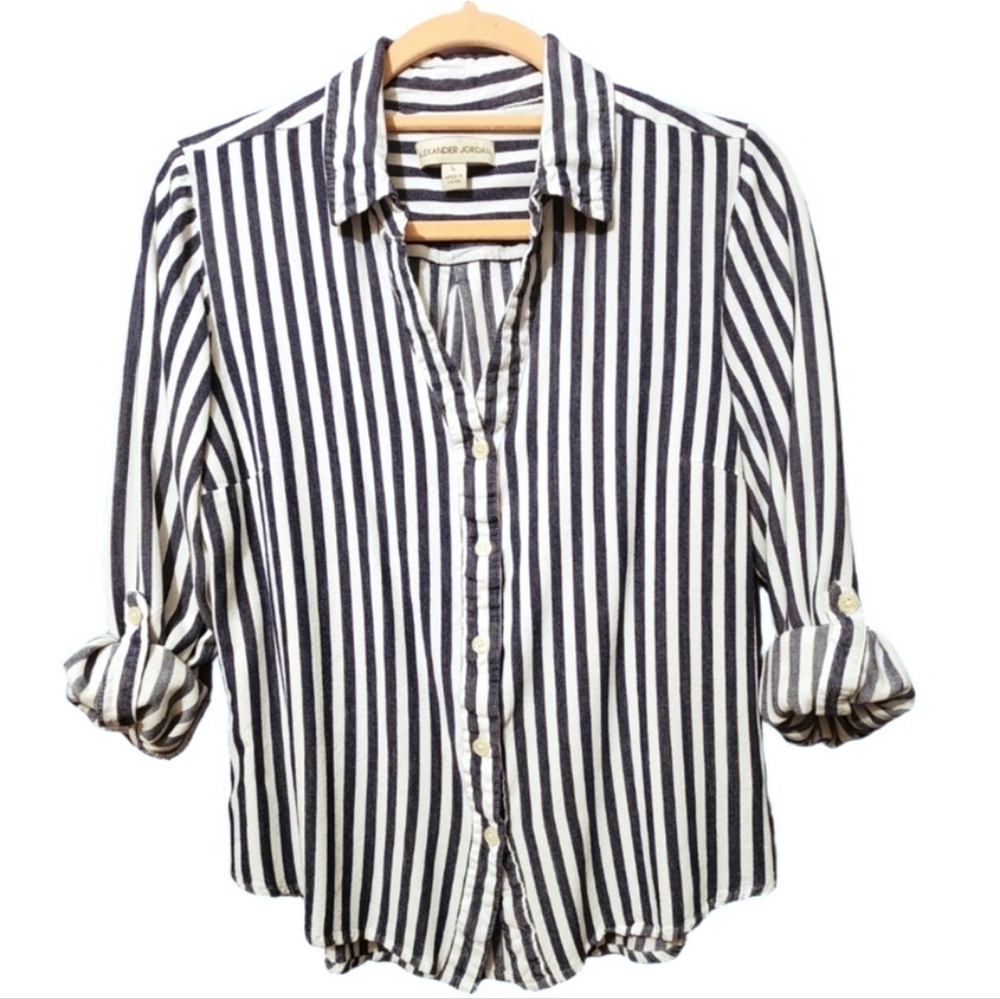 Alexander Jordan Nautical Striped Button Up Shirt Preppy Long Sleeves Navy White